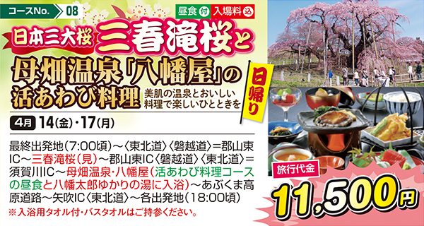 日本三大桜 三春滝桜と母畑温泉「八幡屋」の活あわび料理 美肌の温泉とおいしい料理で楽しいひとときを（日帰り）