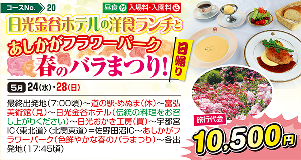 日光金谷ホテルの洋食ランチとあしかがフラワーパーク春のバラまつり！（日帰り）