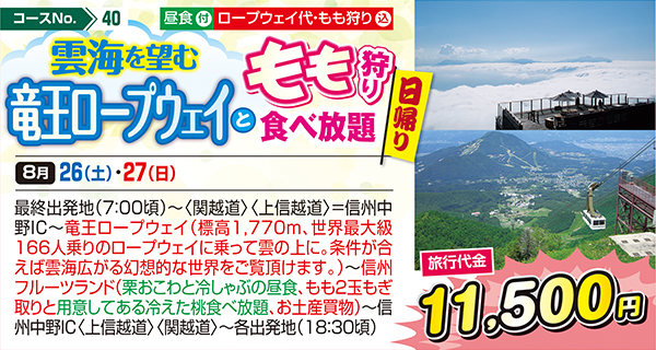 雲海を望む竜王ロープウェイともも狩り食べ放題（日帰り）