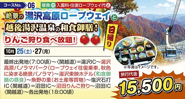 絶景の湯沢高原ロープウェイと越後湯沢温泉の和食御膳！　りんご狩り食べ放題！（日帰り）