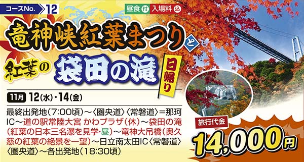 竜神峡紅葉まつりと紅葉の袋田の滝（日帰り）