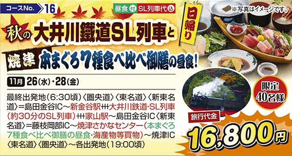 秋の大井川鐵道SL列車と焼津本まぐろ7種食べ比べ御膳の昼食!（日帰り）