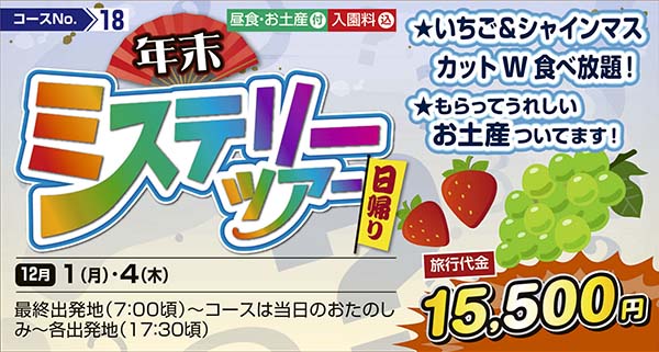 年末　ミステリーツアー　★いちご＆シャインマスカットW食べ放題！　★もらってうれしいお土産ついてます！（日帰り）