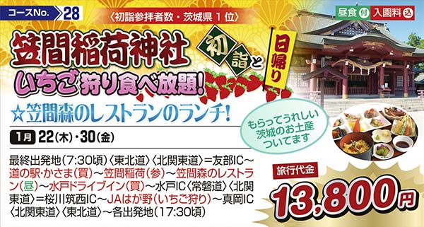 〈初詣参拝者数・茨城県1位〉笠間稲荷神社初詣といちご狩り食べ放題！（日帰り）