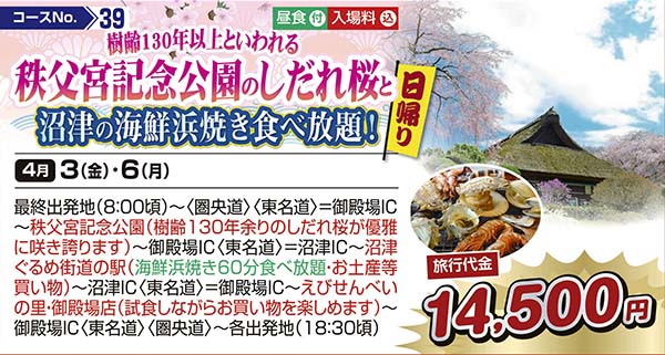 樹齢130年以上といわれる秩父宮記念公園のしだれ桜と沼津の海鮮浜焼き食べ放題！（日帰り）