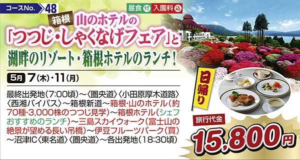 箱根山のホテルの「つつじ・しゃくなげフェア」と湖畔のリゾート・箱根ホテルのランチ！（日帰り）