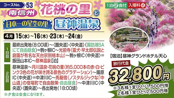 南信州花桃の里と日本一の星空の里昼神温泉（宿泊）