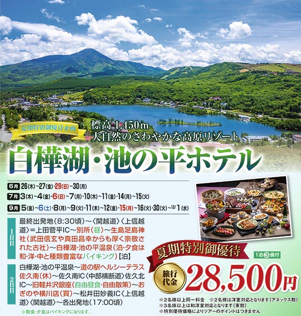 夏期特別御優待企画 標高1,450ｍ 大自然のさわやかな高原リゾート 白樺湖・池の平ホテル（宿泊）