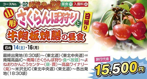 No.02　山形さくらんぼ狩りと牛陶板焼膳の昼食（日帰り）