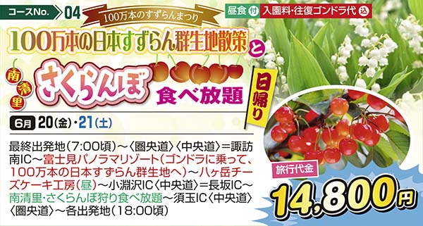 No.04 100万本のすずらんまつり 100万本の日本すずらん群生地散策と南清里さくらんぼ食べ放題（日帰り）