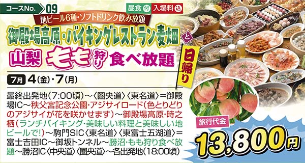 No.09 地ビール６種・ソフトドリンク飲み放題 御殿場高原・バイキングレストラン麦畑と山梨もも狩り食べ放題（日帰り）