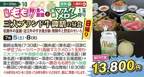 No.10 山梨もも狩り食べ放題と高級マスクメロン1玉狩り 三大ブランド牛御膳の昼食 松阪牛の釜飯・近江牛のすき焼き鍋・飛騨牛と野菜のせいろ（日帰り）