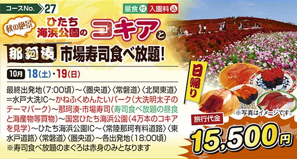 No.27 秋の絶景 ひたち海浜公園のコキアと那珂湊市場寿司食べ放題！（日帰り）