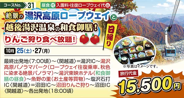 No.31 絶景の湯沢高原ロープウェイと越後湯沢温泉の和食御膳！ りんご狩り食べ放題！（日帰り）