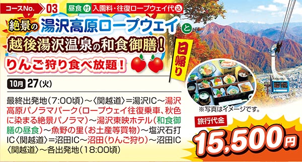絶景の湯沢高原ロープウェイと越後湯沢温泉の和食御膳！りんご狩り食べ放題！（日帰り）