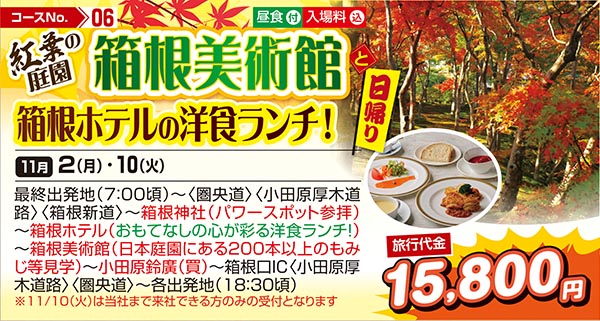 紅葉の庭園　箱根美術館と箱根ホテルの洋食ランチ！（日帰り）