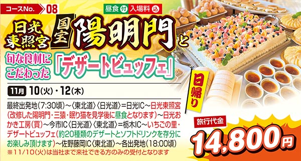 日光東照宮　国宝陽明門と旬な食材にこだわった「デザートビュッフェ」（日帰り）