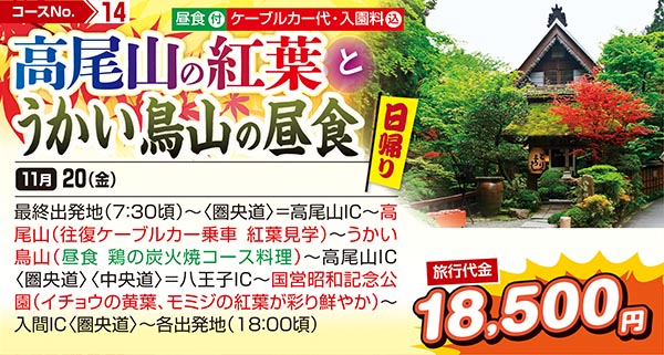 高尾山の紅葉とうかい鳥山の昼食（日帰り）