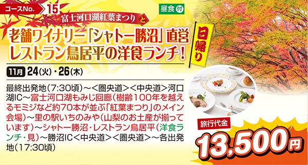 富士河口湖紅葉まつりと老舗ワイナリー「シャトー勝沼」直営レストラン鳥居平の洋食ランチ！（日帰り）