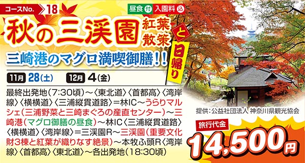 秋の三渓園　紅葉散策と三崎港のマグロ満喫御膳!!（日帰り）