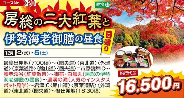 房総の二大紅葉と伊勢海老御膳の昼食（日帰り）