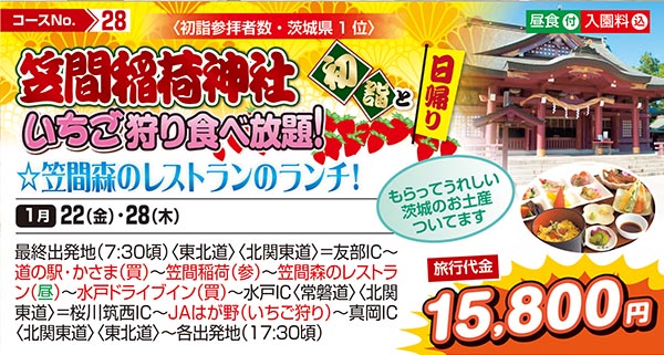 笠間稲荷神社初詣といちご狩り食べ放題！☆笠間森のレストランのランチ！（日帰り）