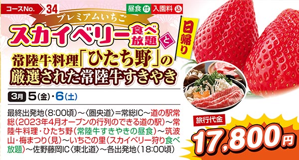 プレミアムいちごスカイベリー食べ放題と常陸牛料理「ひたち野」の厳選された常陸牛すきやき（日帰り）