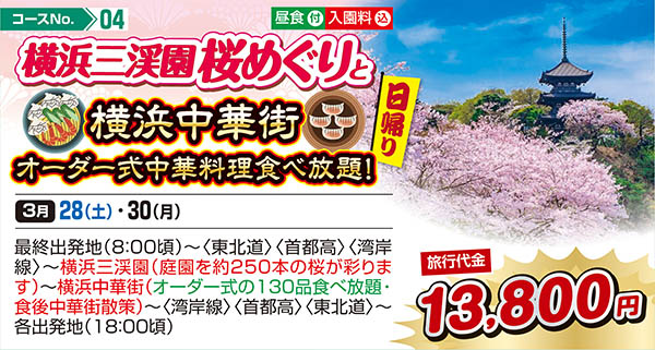 横浜三渓園桜めぐりと横浜中華街 オーダー式中華料理食べ放題！（日帰り）