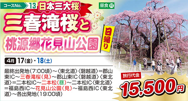 日本三大桜 三春滝桜と桃源郷花見山公園（日帰り）