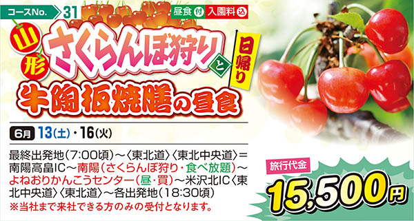 山形さくらんぼ狩りと牛陶板焼膳の昼食（日帰り）