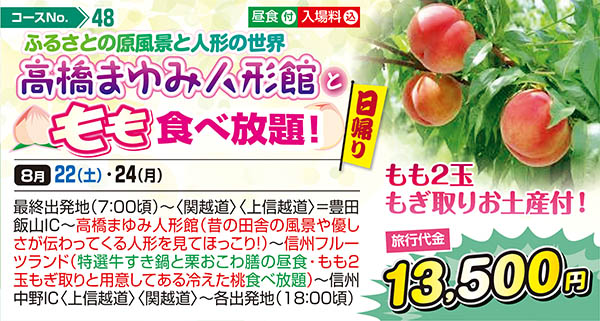 ふるさとの原風景と人形の世界 高橋まゆみ人形館ともも食べ放題！ もも2玉もぎ取りお土産付！（日帰り）
