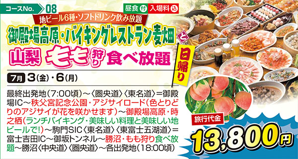 地ビール６種・ソフトドリンク飲み放題 御殿場高原・バイキングレストラン麦畑と山梨もも狩り食べ放題（日帰り）