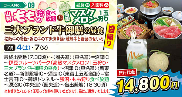 山梨もも狩り食べ放題と高級マスクメロン１玉狩り 三大ブランド牛御膳の昼食 松阪牛の釜飯・近江牛のすき焼き鍋・飛騨牛と野菜のせいろ（日帰り）