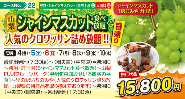 山梨シャインマスカット食べ放題と人気クロワッサン詰め放題！！（日帰り）