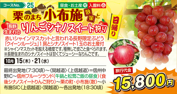 栗のまち小布施散策と長野生まれのりんごシナノスイート狩り（日帰り）
