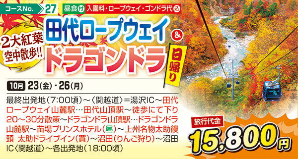 2大紅葉空中散歩！！田代ロープウェイ&ドラゴンドラ（日帰り）