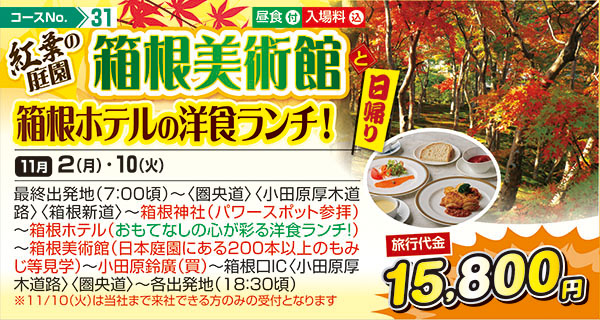 紅葉の庭園箱根美術と箱根ホテルの洋食ランチ！（日帰り）