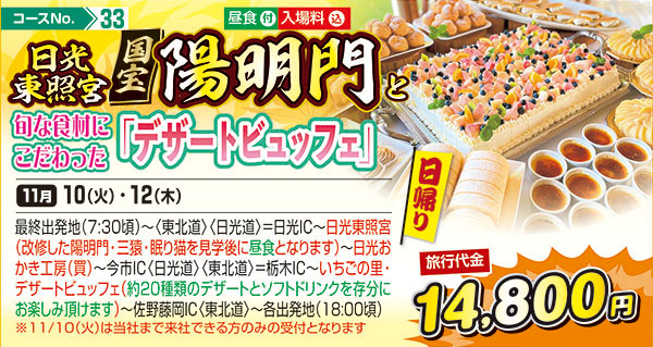 日光東照宮国宝陽明門と旬な食材にこだわった「デザートビュッフェ」（日帰り）