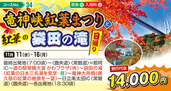 竜神峡紅葉まつりと紅葉の袋田の滝（日帰り）