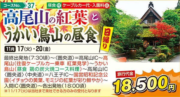 高尾山の紅葉とうかい鳥山の昼食（日帰り）