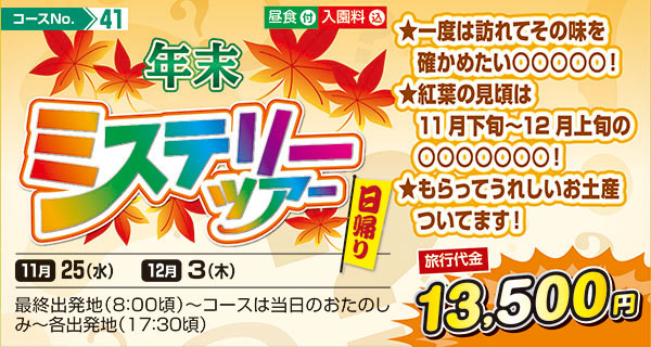 年末ミステリーツアー ★一度は訪れてその味を確かめたい◯◯◯◯◯！ ★紅葉の見頃は11月下旬～12月上旬の◯◯◯◯◯◯◯！ ★もらってうれしいお土産ついてます！（日帰り）