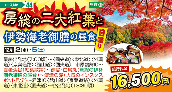 房総の二大紅葉と伊勢海老御膳の昼食（日帰り）